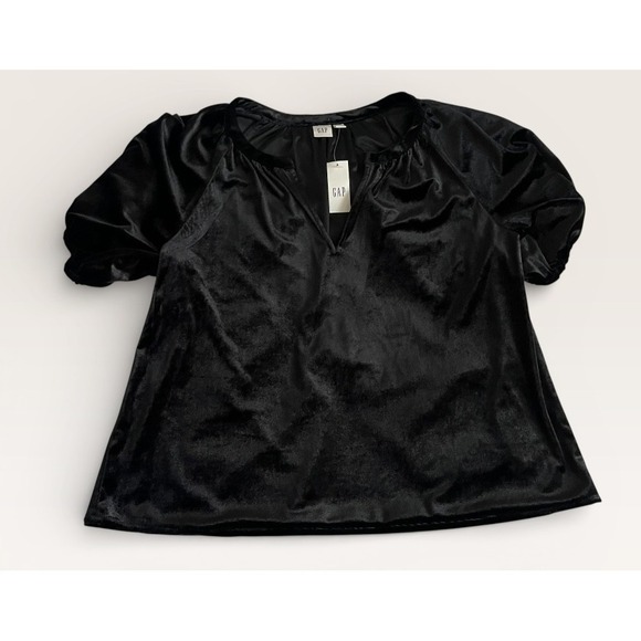 GAP Tops - GAP Black Velvet Puff Sleeve Blouse Split Neck Top Womens Size S New With Tags